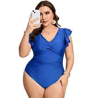 Plus Size One Piece Swimsuit Ruffle Sleeve V Neck Twist Front Tummy Ruched Modest Swimwear