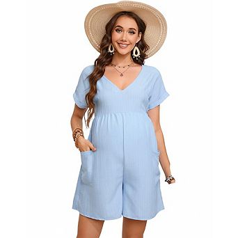 Casual Maternity V Neck Short Sleeve Romper, Loose Fit Summer Maternity Jumpsuit Shorts with Pockets