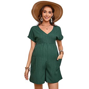 Casual Maternity V Neck Short Sleeve Romper, Loose Fit Summer Maternity Jumpsuit Shorts with Pockets