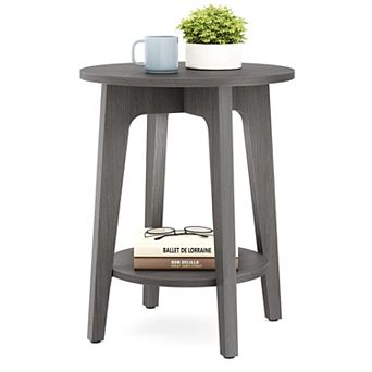 2 tier Small Round End Table Mid-Century Modern Storage Sturdy Space-Saving