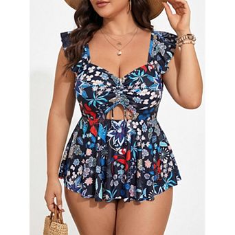 Women's Plus Size 2 pc Swimdress Set Floral Print Tummy Control Swimsuit