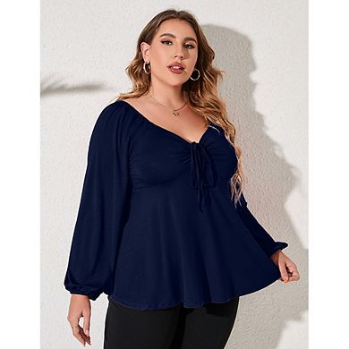 Plus Size Women's Long Sleeve Blouse,V Neck Drawstring Ruched Lantern Sleeve Casual Tops for Daily