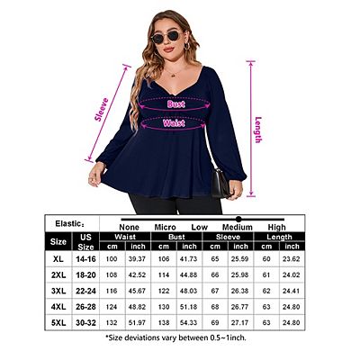Plus Size Women's Long Sleeve Blouse,V Neck Drawstring Ruched Lantern Sleeve Casual Tops for Daily