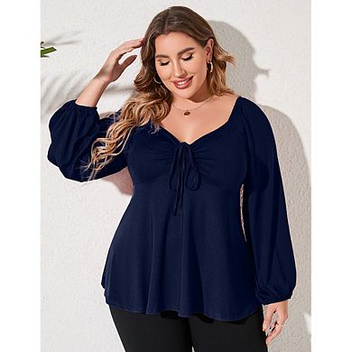 Plus Size Women's Long Sleeve Blouse,V Neck Drawstring Ruched Lantern Sleeve Casual Tops for Daily
