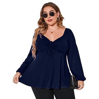 Plus Size Women's Long Sleeve Blouse,V Neck Drawstring Ruched Lantern Sleeve Casual Tops for Daily