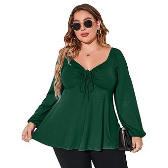 Plus Size Women's Long Sleeve Blouse,V Neck Drawstring Ruched Lantern Sleeve Casual Tops for Daily