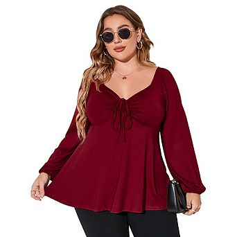Plus Size Women's Long Sleeve Blouse,V Neck Drawstring Ruched Lantern Sleeve Casual Tops for Daily