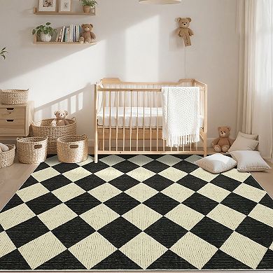 Soft Non-Slip Checkered Area Rug Modern Geometric Plaid Carpet Machine Washable, Low Pile