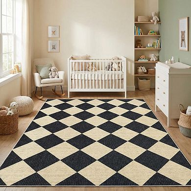 Soft Non-Slip Checkered Area Rug Modern Geometric Plaid Carpet Machine Washable, Low Pile