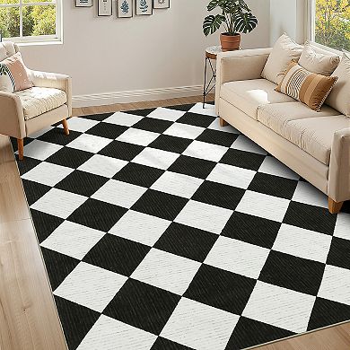 Soft Non-Slip Checkered Area Rug Modern Geometric Plaid Carpet Machine Washable, Low Pile