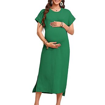 Maternity Ribbed Maxi Dress Casual Short Sleeve Crew Neck Loose Split Dress Comfortable Daily Wear