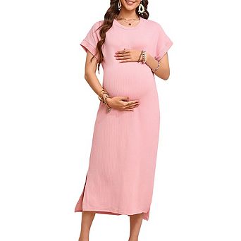 Maternity Ribbed Maxi Dress Casual Short Sleeve Crew Neck Loose Split Dress Comfortable Daily Wear