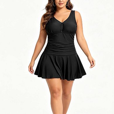 Women's Plus Size Skirted Swimsuit, Floral Print Ruched V Neck One Piece Bathing Suit