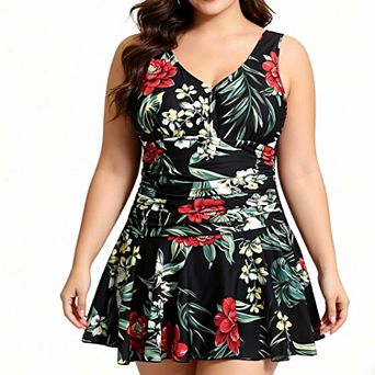 Women's Plus Size Skirted Swimsuit, Floral Print Ruched V Neck One Piece Bathing Suit