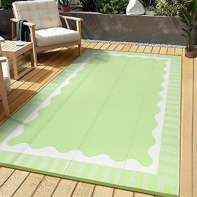 Outdoor Rug Waterproof for Patio Decor, Large Modern Scalloped Border Reversible Plastic Straw Rug