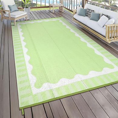 Outdoor Rug Waterproof for Patio Decor, Large Modern Scalloped Border Reversible Plastic Straw Rug