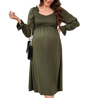 Maternity Long Sleeve Smocked Midi Dress, Square Neck Ruffle Flowy Dress, Casual Dress for Daily