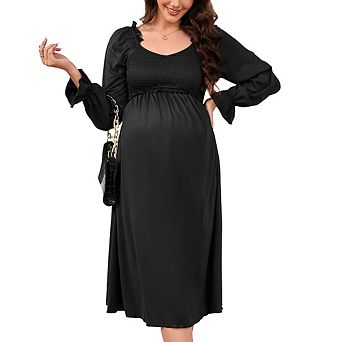 Maternity Long Sleeve Smocked Midi Dress, Square Neck Ruffle Flowy Dress, Casual Dress for Daily