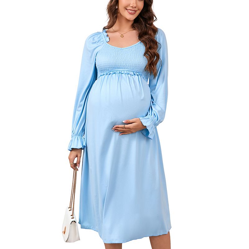 Maternity Long Sleeve Smocked Midi Dress, Square Neck Ruffle Flowy Dress, Casual Dress for Daily