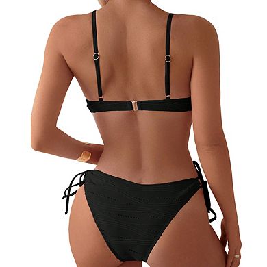 Womens Two Piece Bikini Textured Tie Front Detail Tops and Shorts Bikini Sets