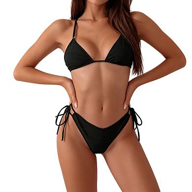 Womens Two Piece Bikini Textured Tie Front Detail Tops and Shorts Bikini Sets