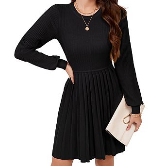 Long Sleeve Pleated Midi Dress,Ribbed Knit Crew Neck A-Line Dress, Casual Dress for Women Daily Wear