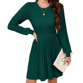 Long Sleeve Pleated Midi Dress,Ribbed Knit Crew Neck A-Line Dress, Casual Dress for Women Daily Wear