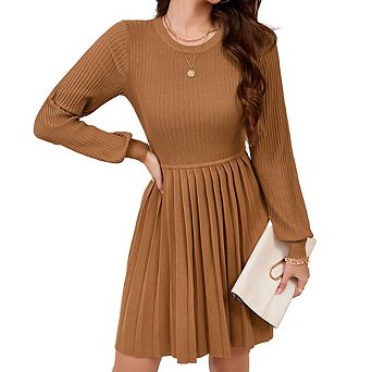 Long Sleeve Pleated Midi Dress,Ribbed Knit Crew Neck A-Line Dress, Casual Dress for Women Daily Wear