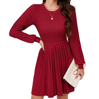 Long Sleeve Pleated Midi Dress,Ribbed Knit Crew Neck A-Line Dress, Casual Dress for Women Daily Wear