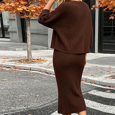 Women's Ribbed Knit Two Piece Outfit Long Sleeve Sweater Midi Skirt Set