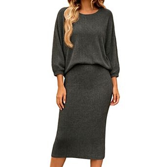 Women's Ribbed Knit Two Piece Outfit Long Sleeve Sweater Midi Skirt Set