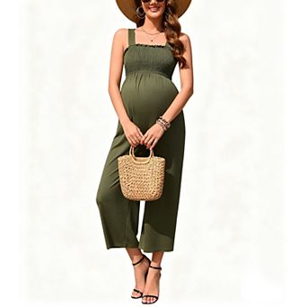 Women's Summer Smocked Casual Jumpsuit Sleeveless Wide Leg Long Pants Romper Overalls Pockets