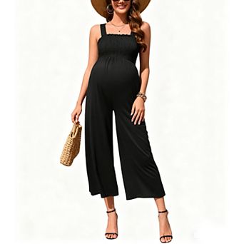 Women's Summer Smocked Casual Jumpsuit Sleeveless Wide Leg Long Pants Romper Overalls Pockets