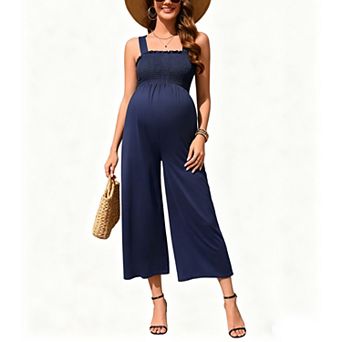 Women's Summer Smocked Casual Jumpsuit Sleeveless Wide Leg Long Pants Romper Overalls Pockets