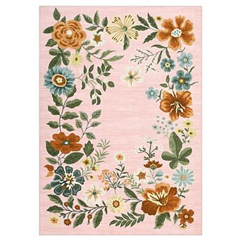 Floral Washable Area Rug, Vintage Farmhouse Low-Pile Carpet with TPR Non-Slip Backing