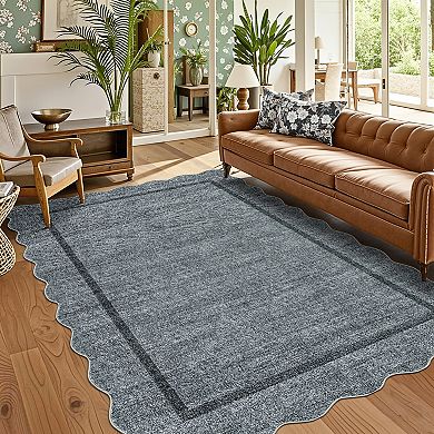 Scalloped Rugs, Non-Slip Bordered Bedroom Carpet, Machine Washable Low Pile Rug for Dining Room