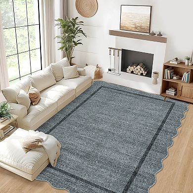 Scalloped Rugs, Non-Slip Bordered Bedroom Carpet, Machine Washable Low Pile Rug for Dining Room