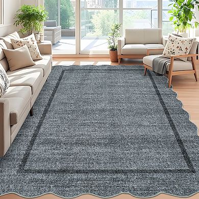 Scalloped Rugs, Non-Slip Bordered Bedroom Carpet, Machine Washable Low Pile Rug for Dining Room