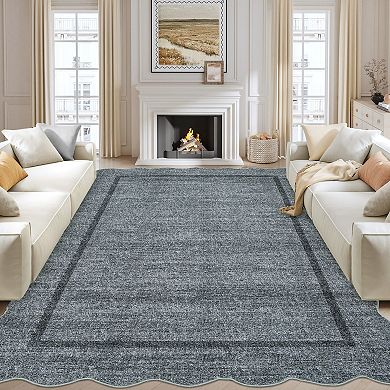 Scalloped Rugs, Non-Slip Bordered Bedroom Carpet, Machine Washable Low Pile Rug for Dining Room