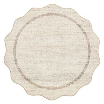 Scalloped Rugs, Non-Slip Bordered Bedroom Carpet, Machine Washable Low Pile Rug for Dining Room
