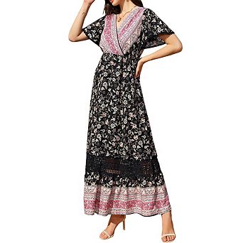 Boho Floral Maxi Dress for Women,V Neck Short Flutter Sleeve Wrap Waist Lace Patchwork Casual Dress