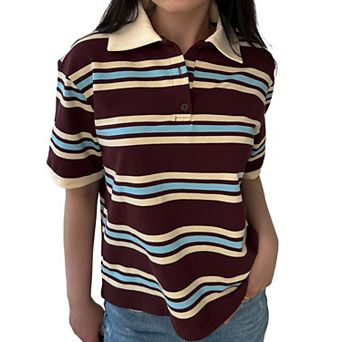 Women Summer Striped Colorblock Polo T-Shirt Short Sleeve Button Up Loose Fit Preppy Tee Tops