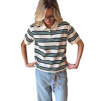 Women Summer Striped Colorblock Polo T-Shirt Short Sleeve Button Up Loose Fit Preppy Tee Tops