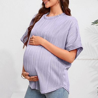 Casual Loose Maternity Short Sleeve T-Shirt, Solid Color Round Neck Comfort Oversized Maternity Top