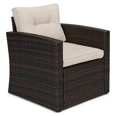 4-Piece Outdoor Patio Conversation Set with Storage Table, Wicker Rattan Sofa, Chairs & Cushions