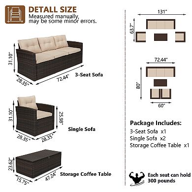 4-Piece Outdoor Patio Conversation Set with Storage Table, Wicker Rattan Sofa, Chairs & Cushions