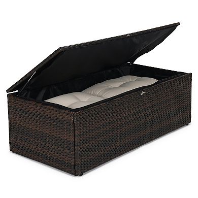 4-Piece Outdoor Patio Conversation Set with Storage Table, Wicker Rattan Sofa, Chairs & Cushions