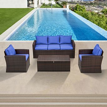 4 pc Outdoor Patio Conversation Set with Storage Table, Wicker Rattan Sofa, Chairs & Cushions