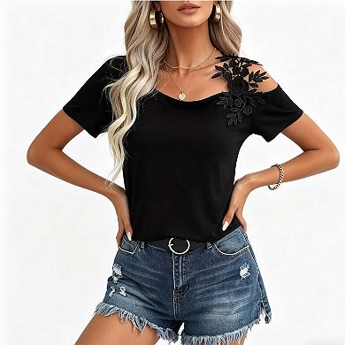 Women's Lace Floral Patchwork T-Shirt, Asymmetrical Neck Short Sleeve Casual Top