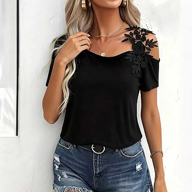 Women's Lace Floral Patchwork T-Shirt, Asymmetrical Neck Short Sleeve Casual Top